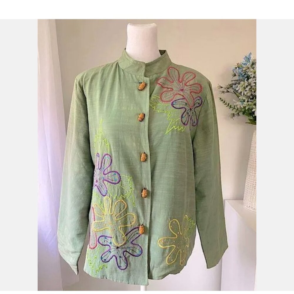 Alex Kim Sz PS P S Gorgeous Vintage Jacket Green w Colorful Embroidery & Sequins